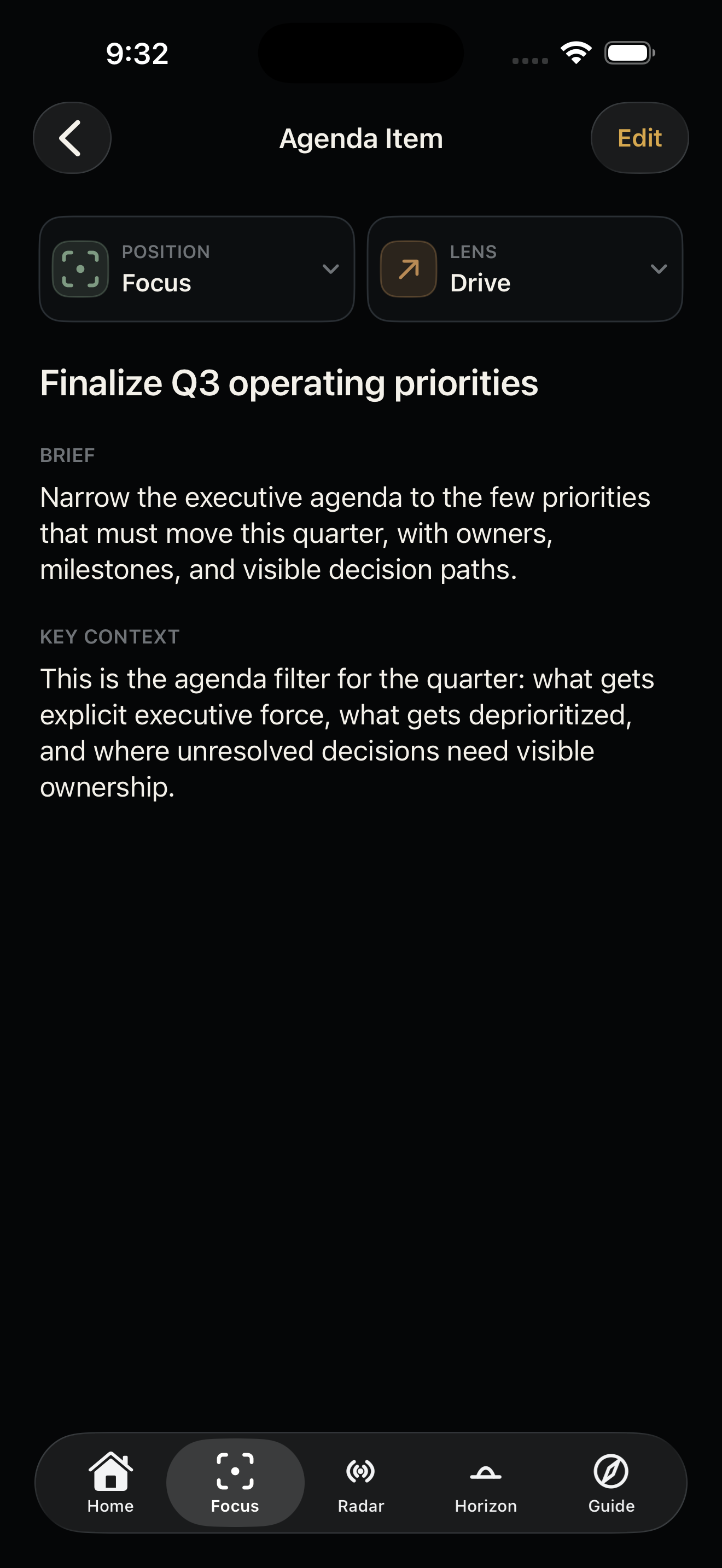 P1 Agenda Item detail screen showing the context behind the work without turning it into a project plan.