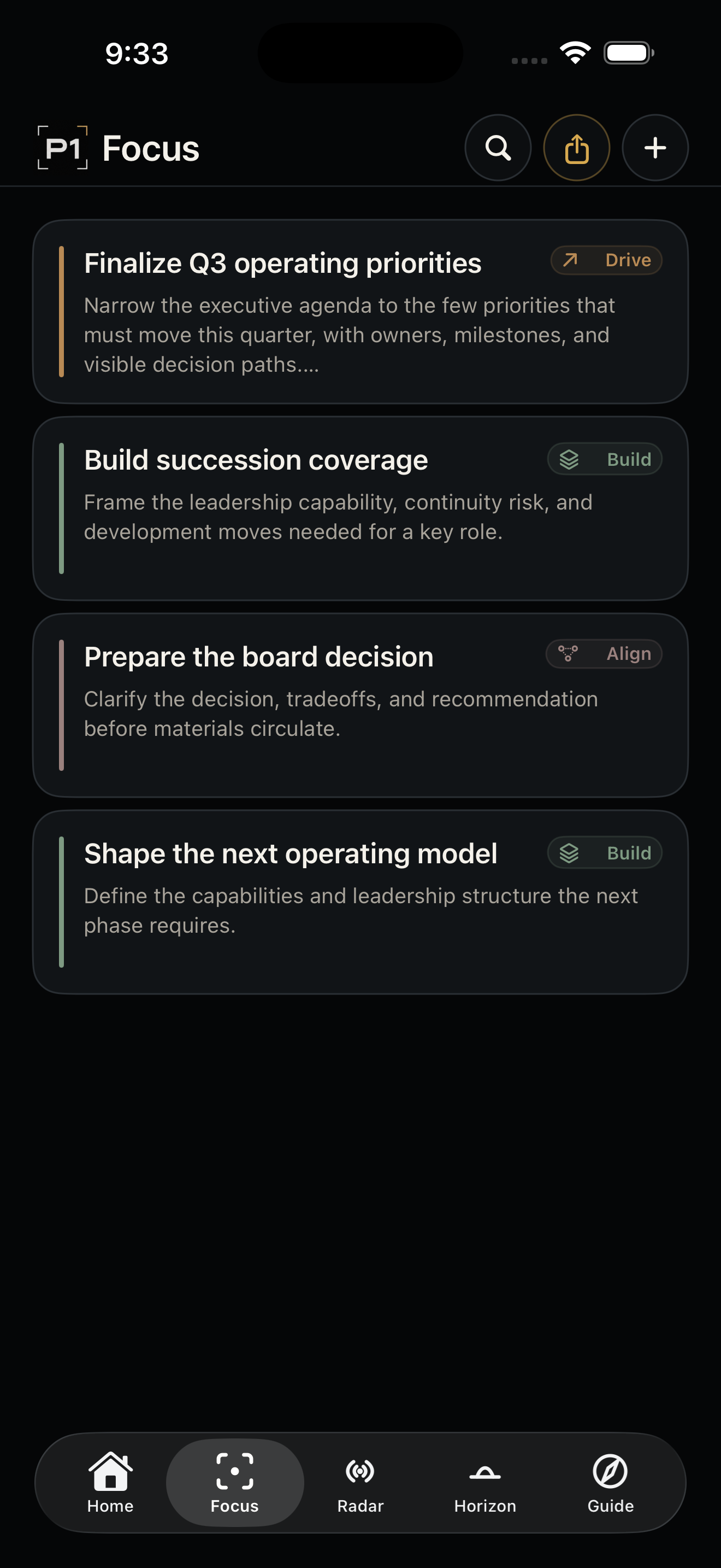 P1 In Focus screen showing the few agenda-level items that deserve leadership attention.